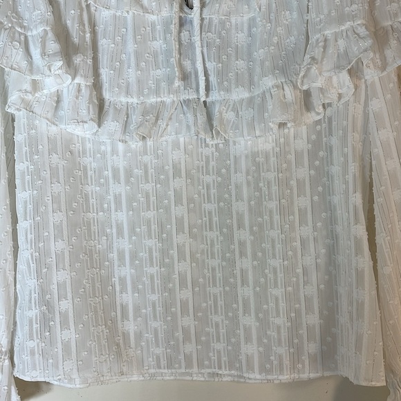 NWT. BCBGMAXAZRIA XS Shimmer Off-White Textured Ruffle Blouse. - Picture 5 of 12